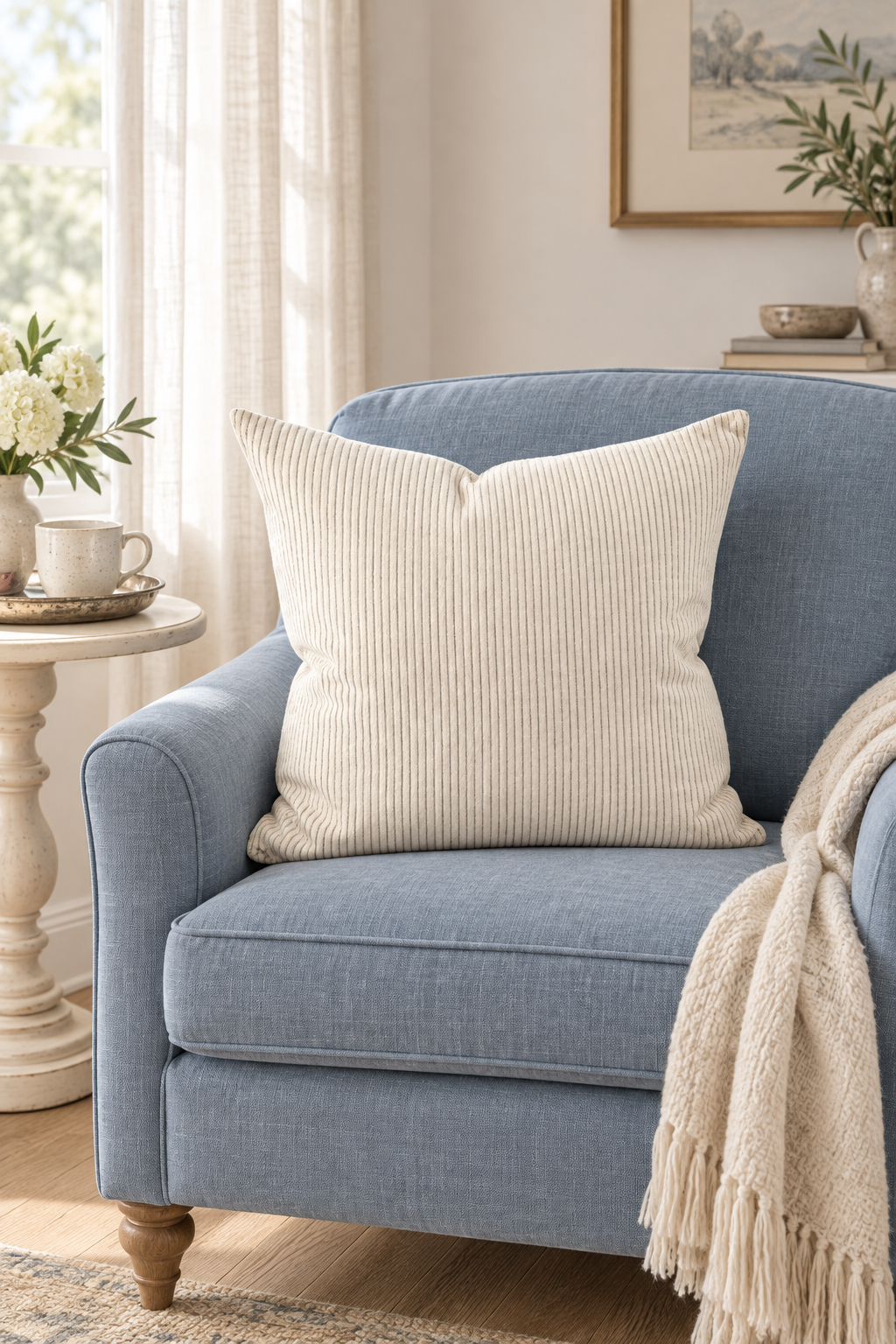 EADIE Marina Cushion - Off White/Silver Grey Stripe styled in blue armchair