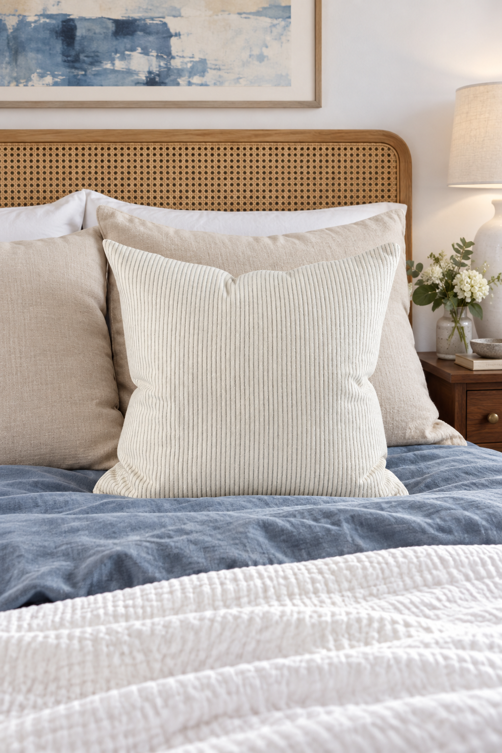EADIE Marina Cushion - Off White/Silver Grey Stripe styled in bedroom