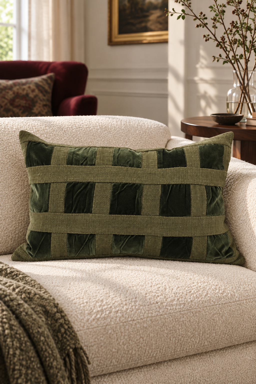 Emerald Velvet Checker Lumbar Cushion styled in drawing room