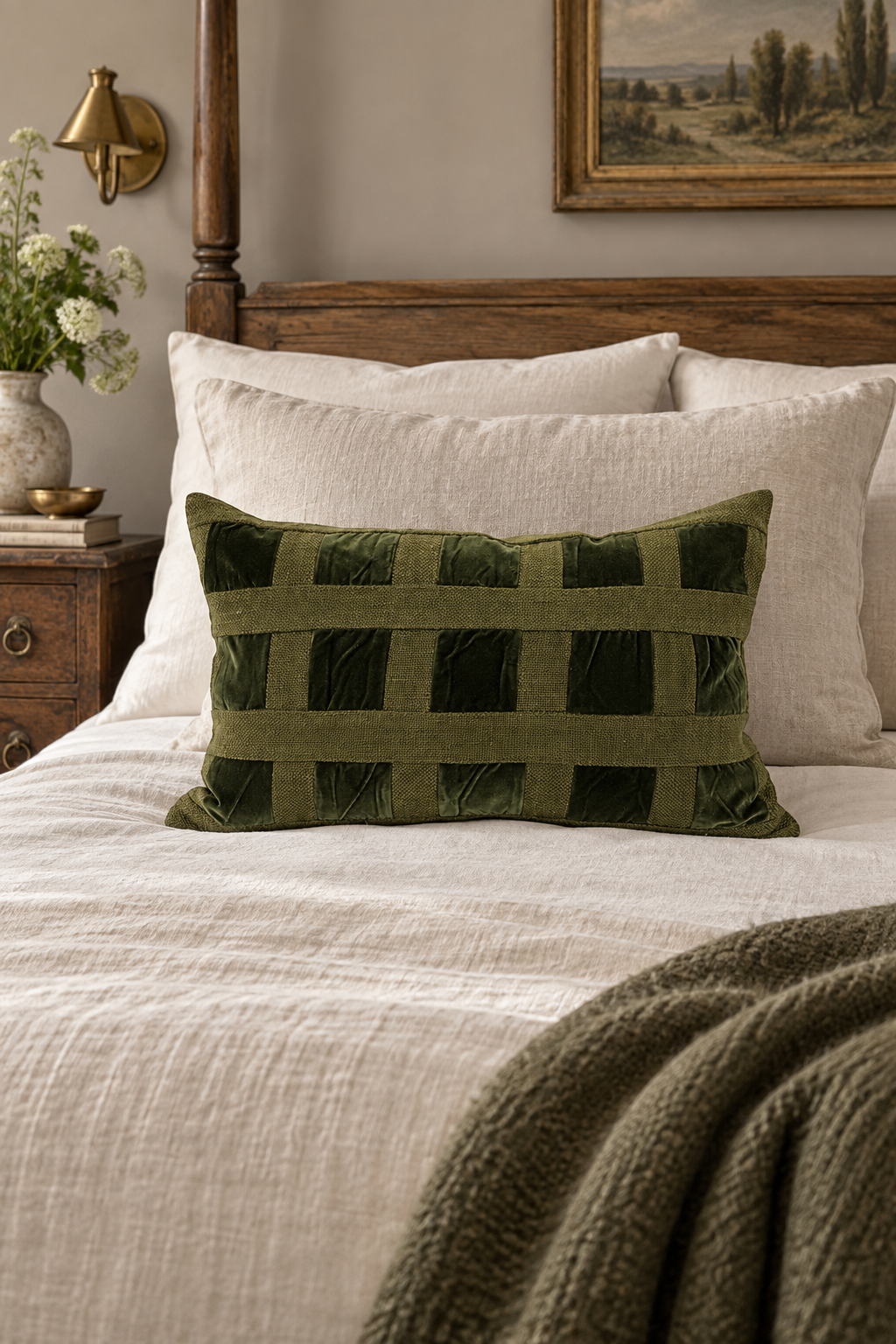 Emerald Velvet Checker Lumbar Cushion styled in bedroom