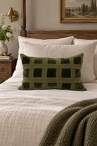 Emerald Velvet Checker Lumbar Cushion styled in bedroom