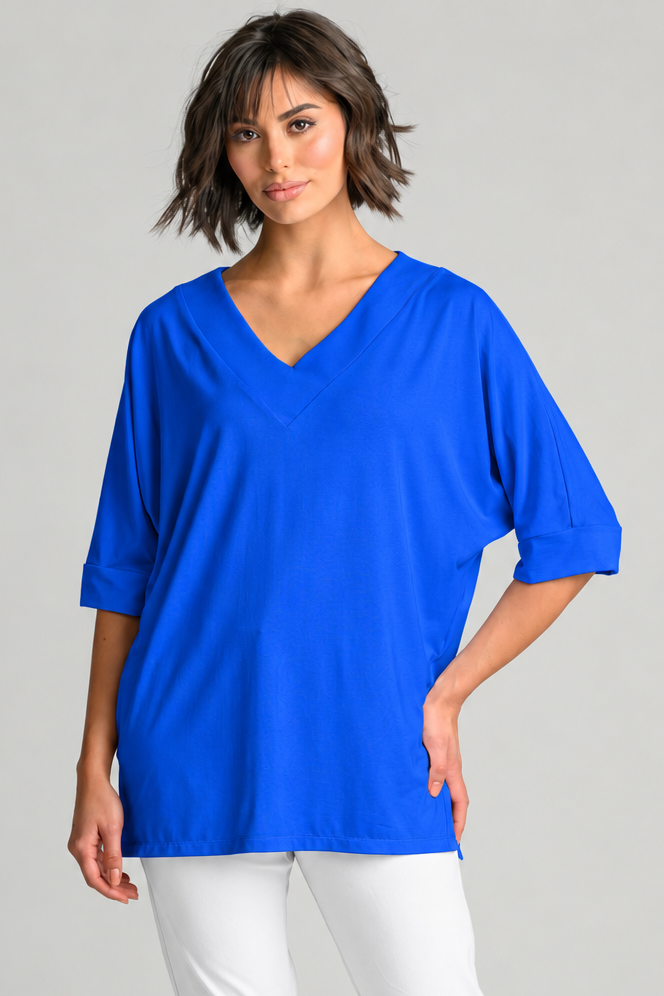 PAULA RYAN Long V Neck Relaxed Top - Santorini EcoVero