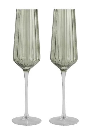 Green Ribbed Flute Glass - Set of Two - Magpie Style