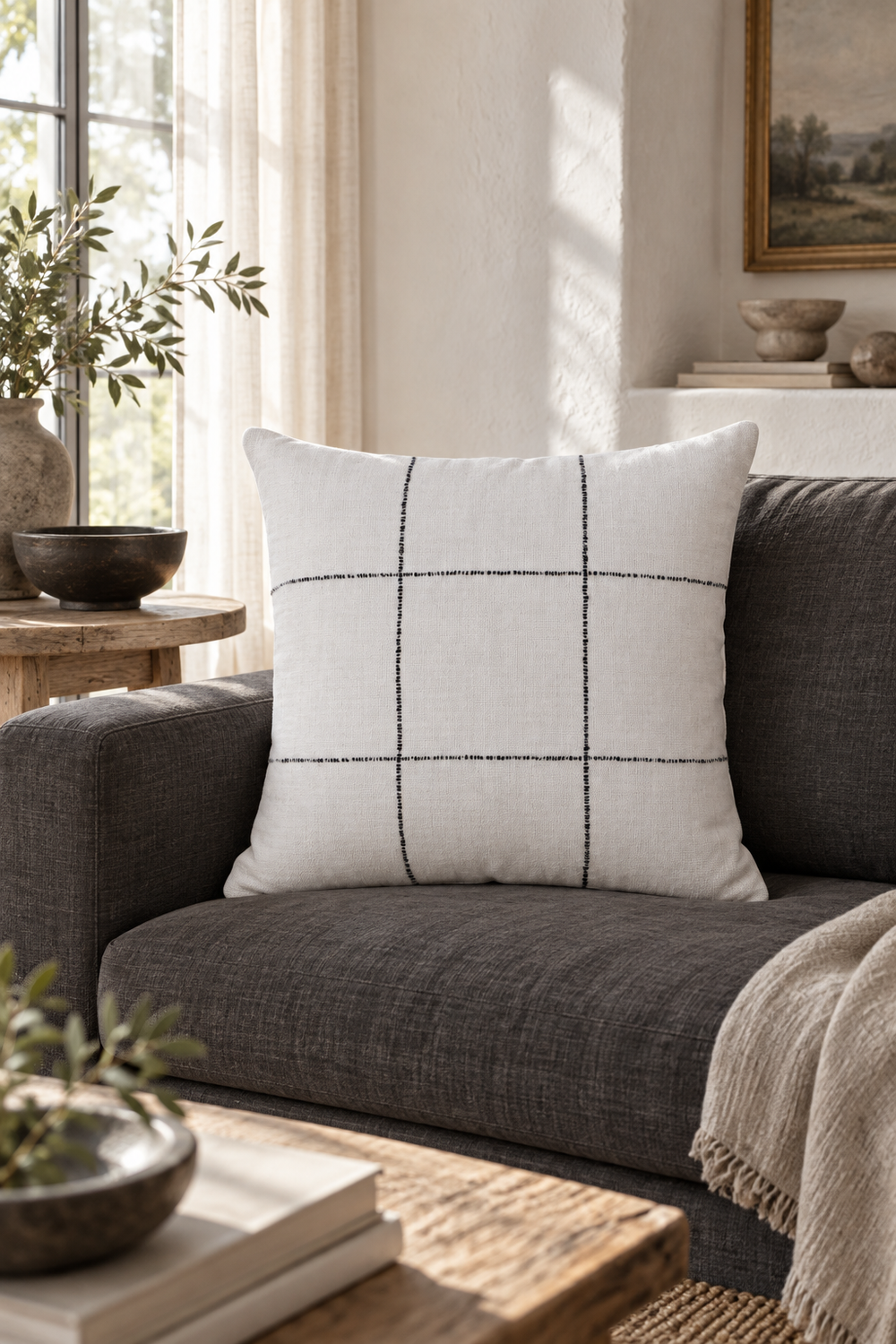 Graphite Weave Cushion - Black on Natural