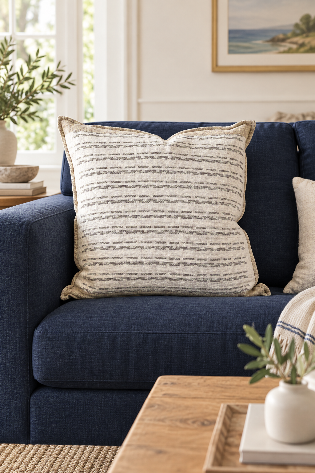 Hagen Cushion - Off White/Slate - 50cm styled in linen sofa