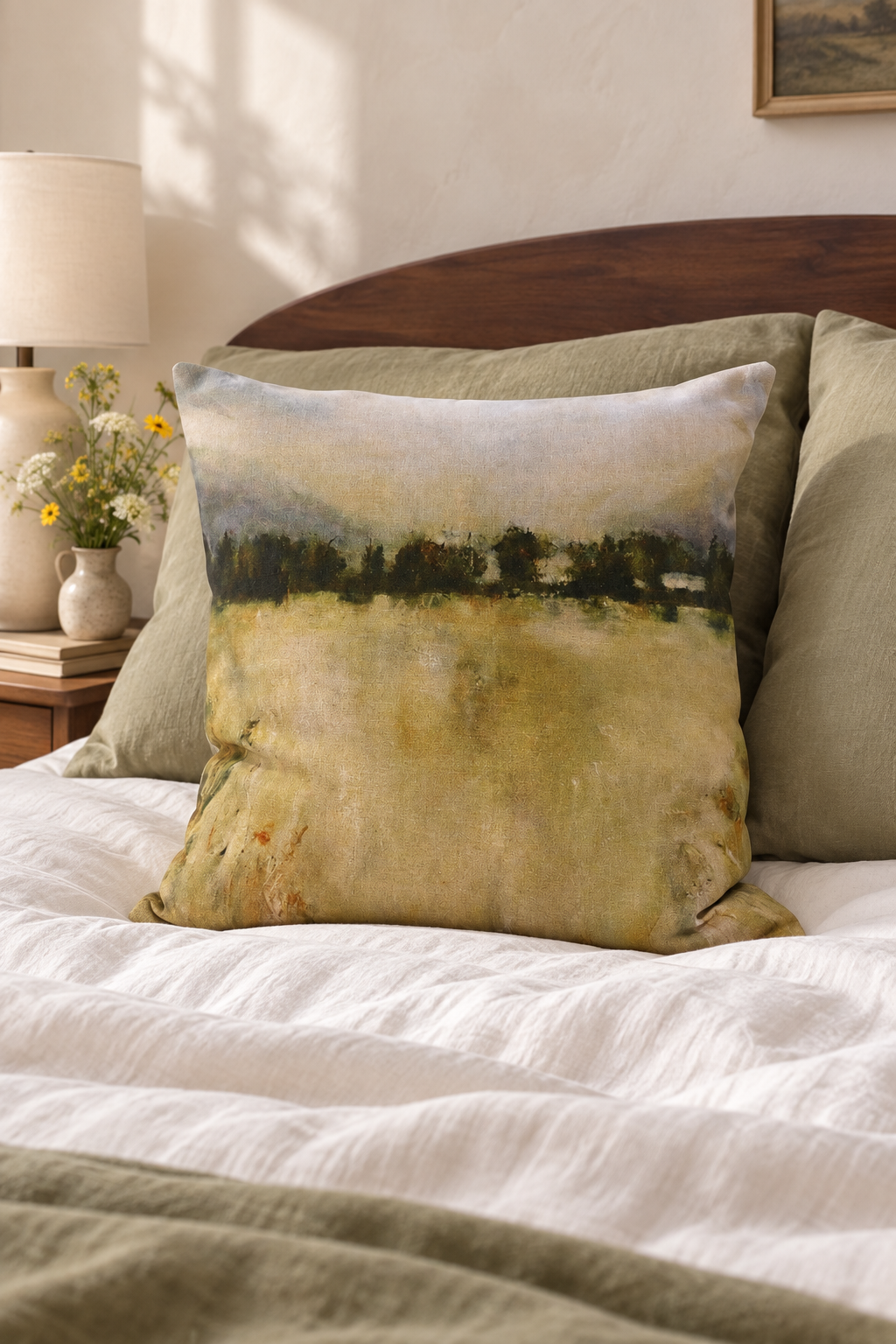 Harvest Linen Cushion styled in bedroom