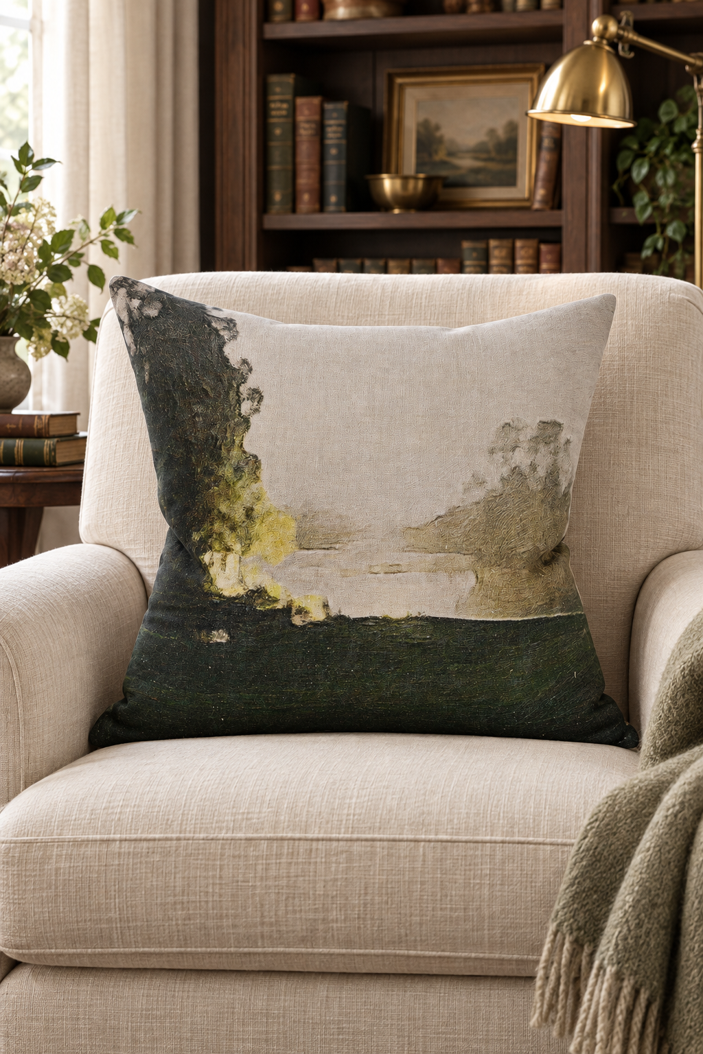 Huka Riverside Linen Cushion styled in library chair