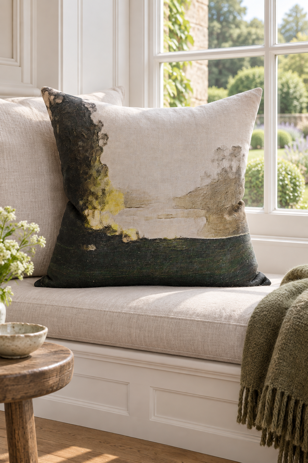 Huka Riverside Linen Cushion styled in window seat