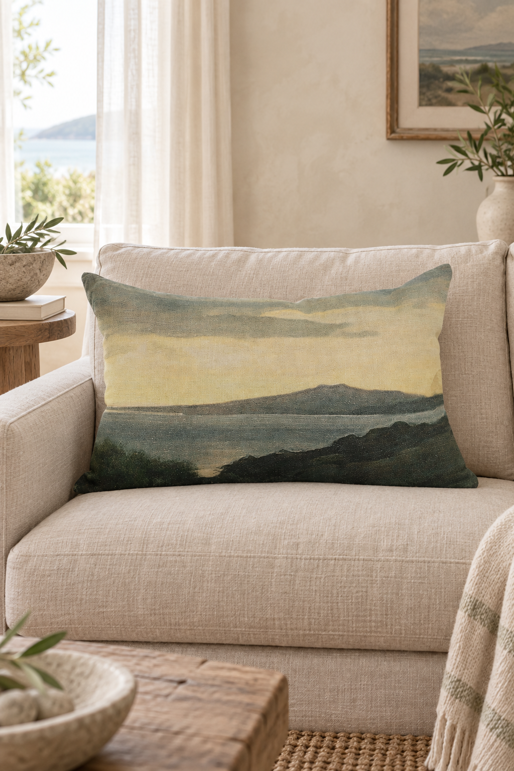 Island At Dusk Linen Lumbar Cushion styled in coastal sofa
