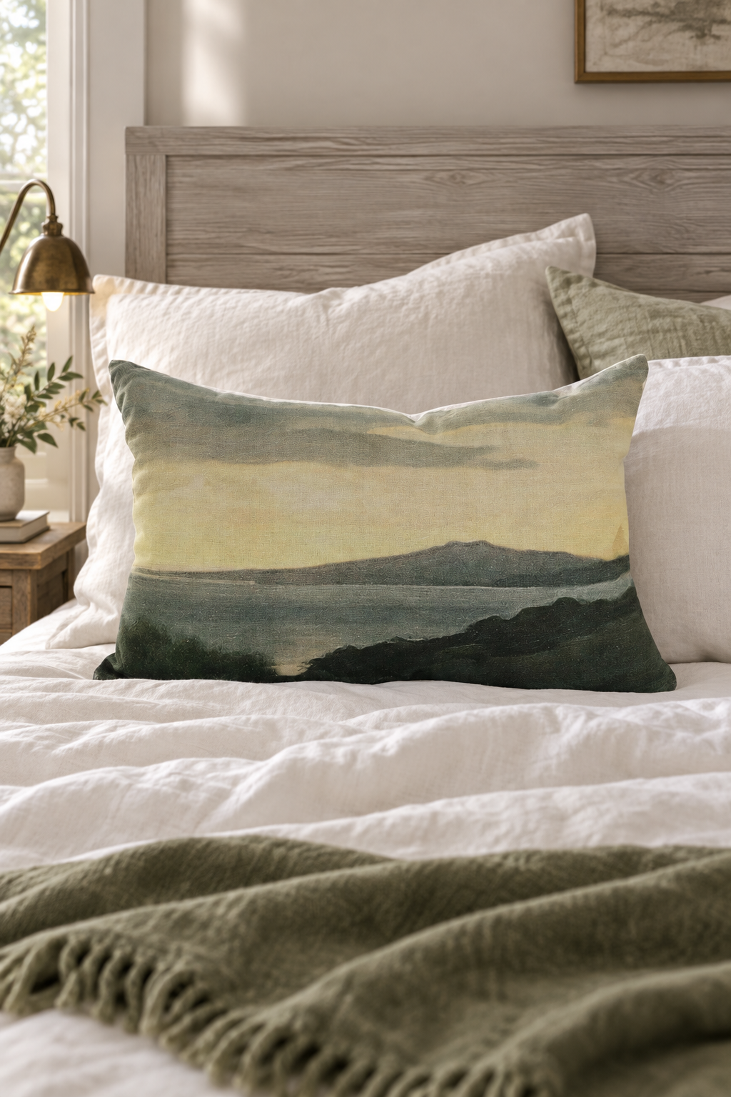 Island At Dusk Linen Lumbar Cushion styled in bedroom