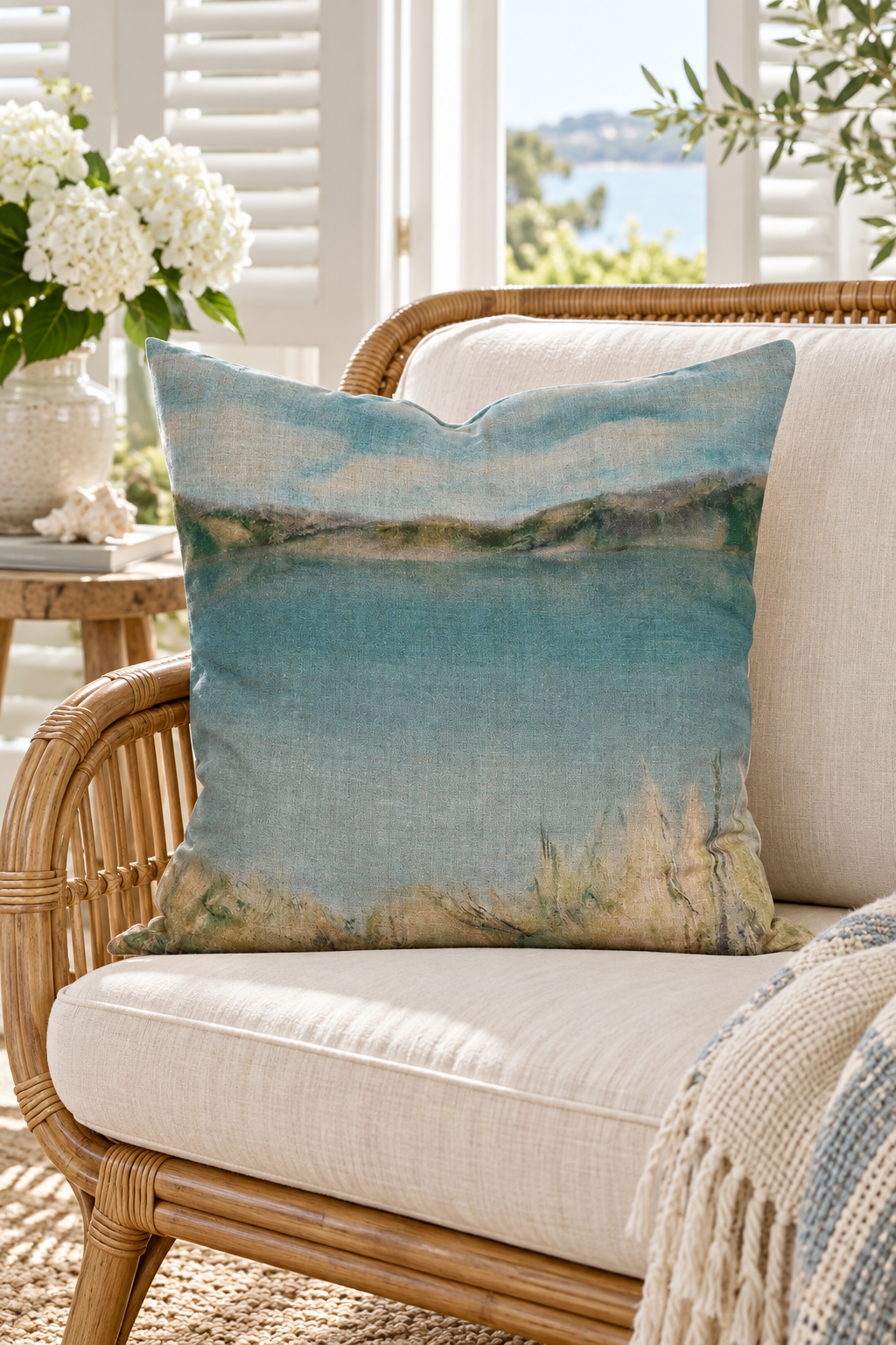 Island Summer Linen Cushion styled in rattan chair