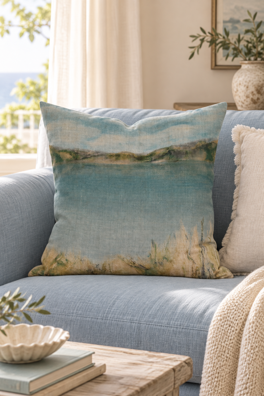 Island Summer Linen Cushion styled in blue sofa