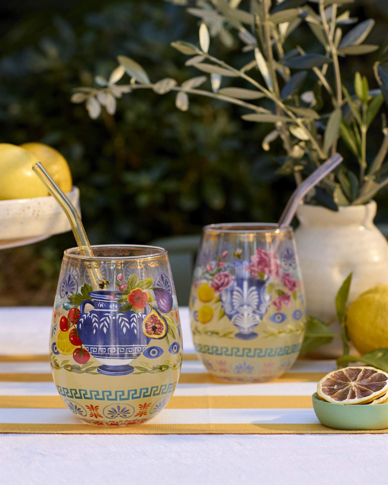 Mediterranean Summer tumblers styled with drinks