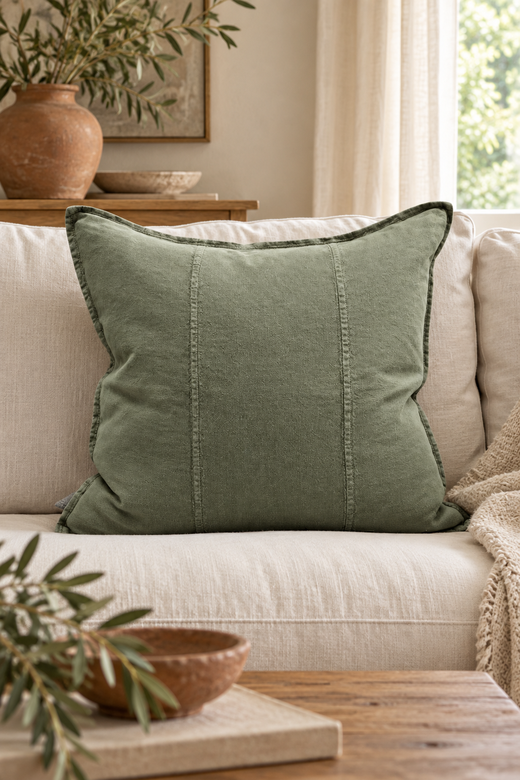 Large Lucatt Khaki Linen Cushion - 60cm styled in linen sofa