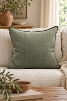 Large Lucatt Khaki Linen Cushion - 60cm styled in linen sofa