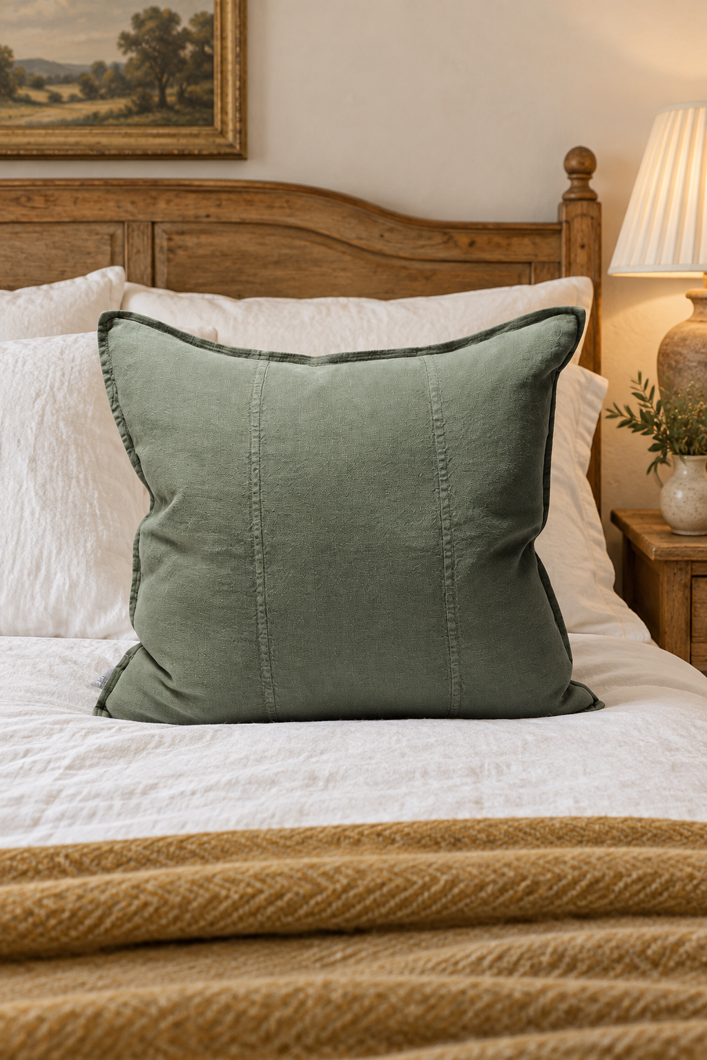 Large Lucatt Khaki Linen Cushion - 60cm styled in bedroom