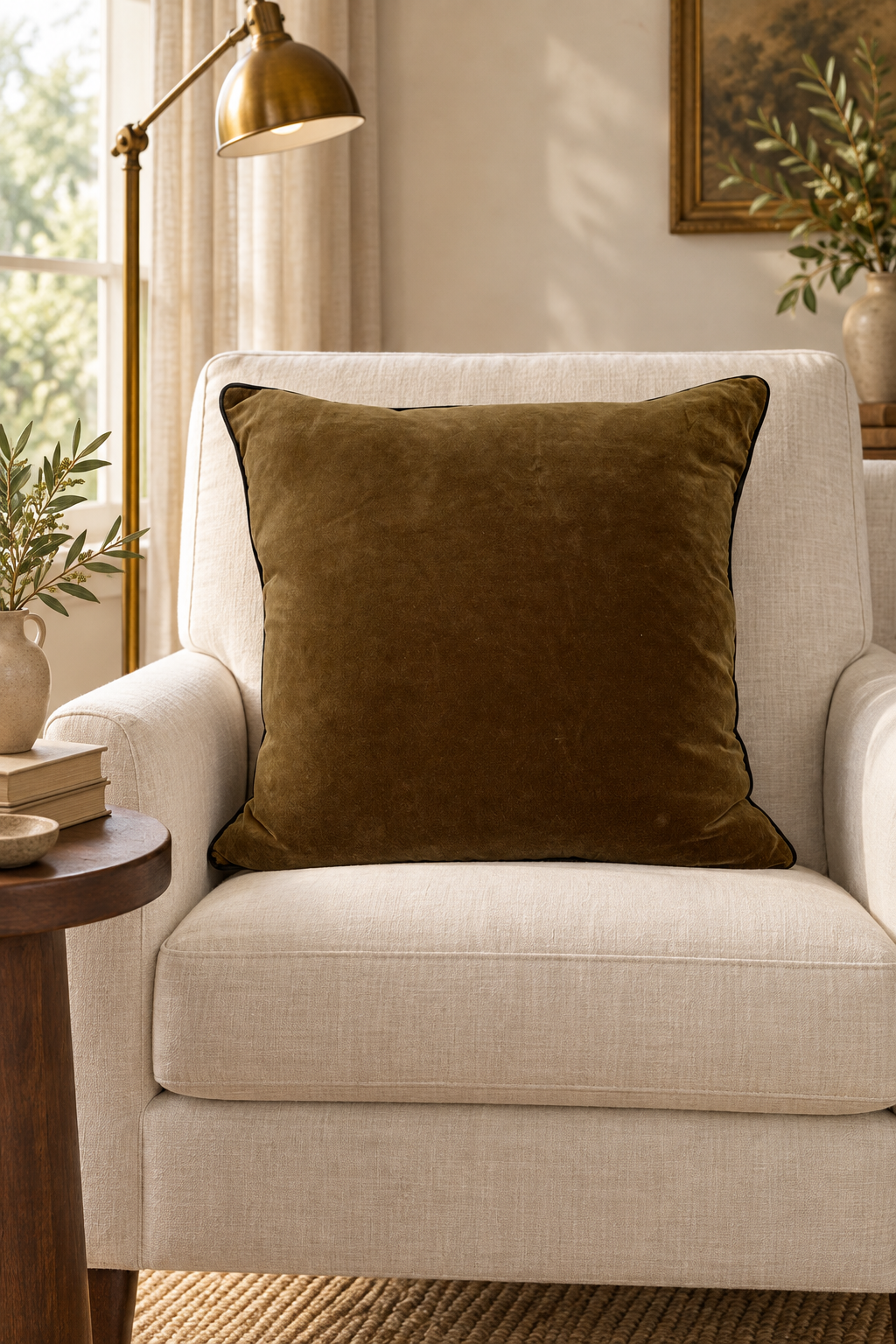 Luggate Velvet Cushion styled in reading chair
