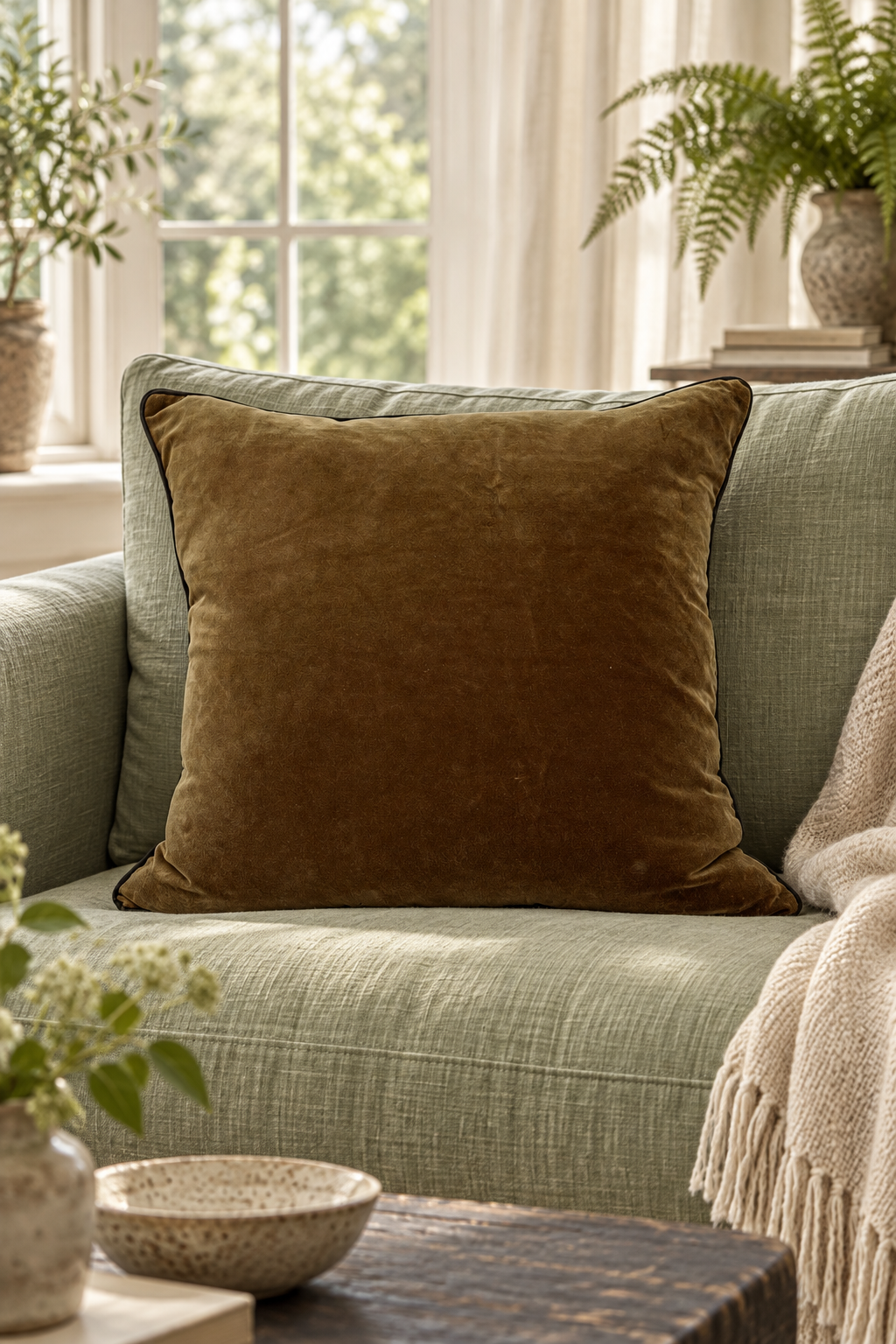 Luggate Velvet Cushion styled in sage sofa