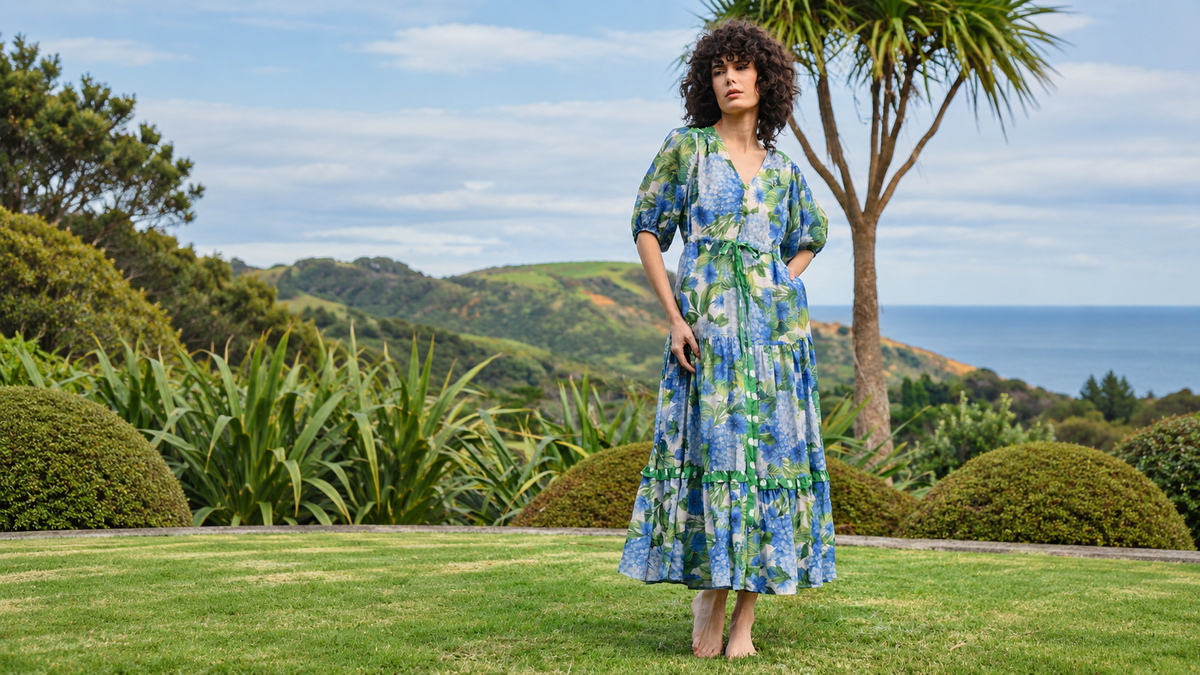 Curate Summer 2026 blue floral dress outdoors