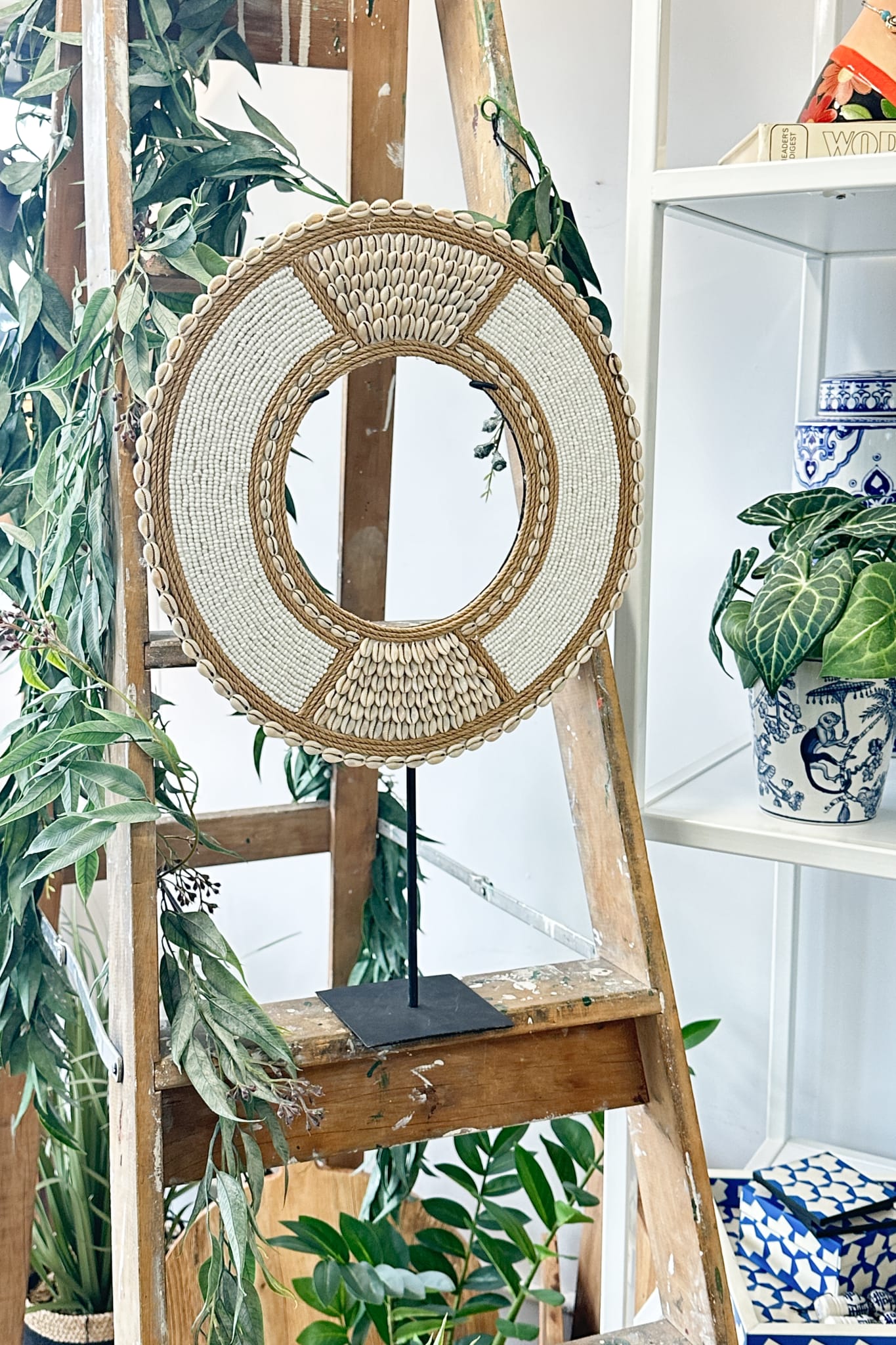 Tribal Beaded Cowrie Shell Disc on Stand - Medium - Magpie Style