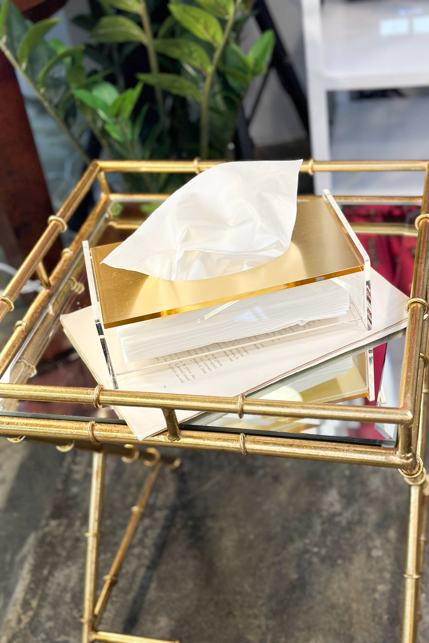 Tissue Box - Clear Acrylic with Gold Top - Magpie Style