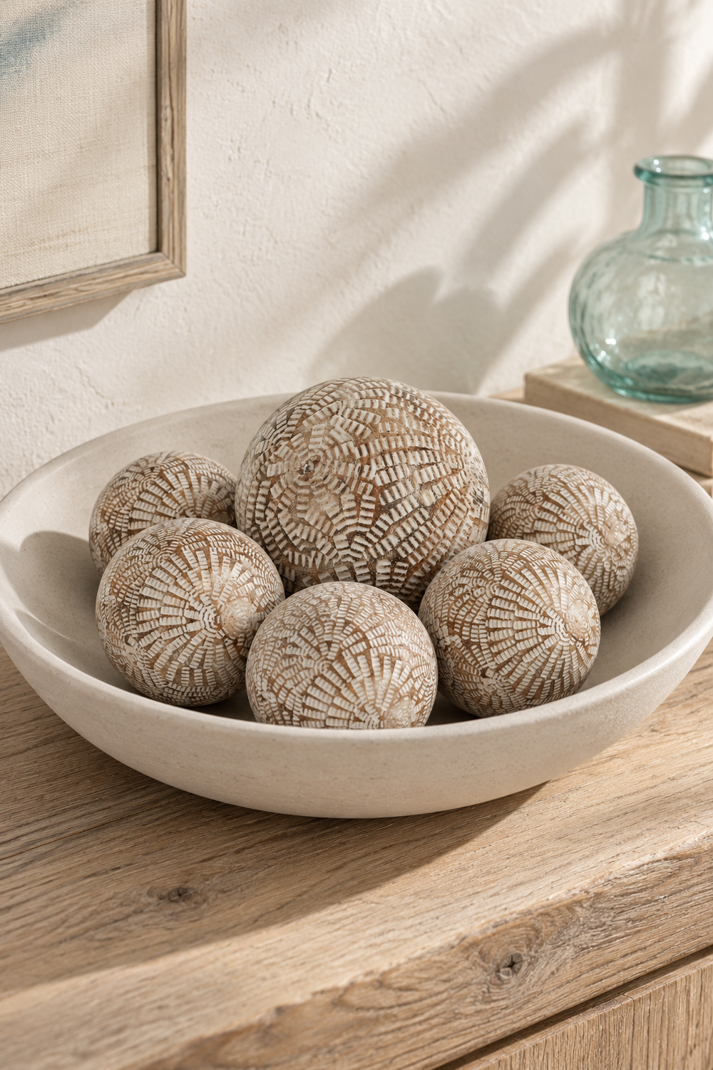 Mandalay Carved Wooden Ball 7cm Natural/White
