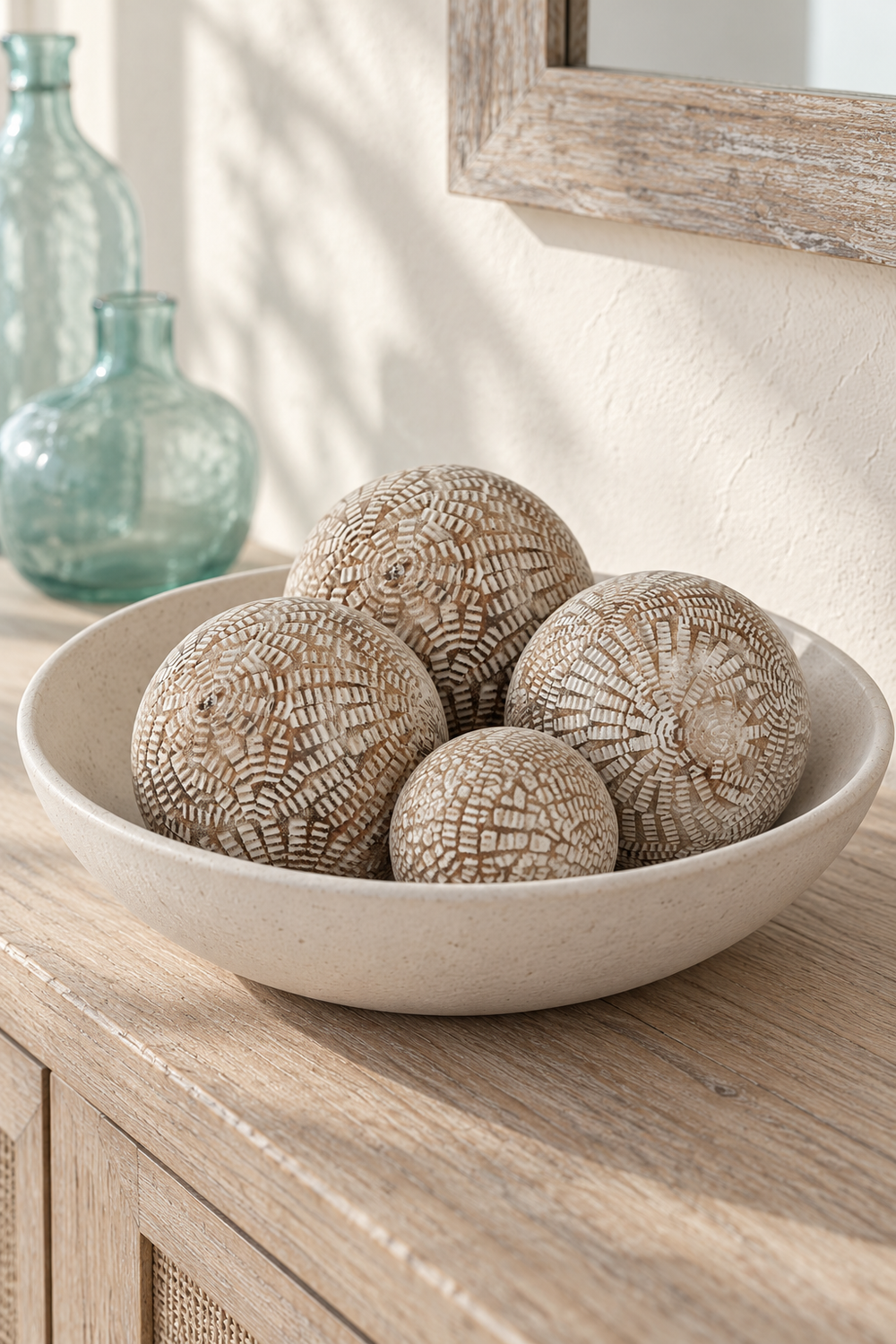 Mandalay Carved Wooden Ball 10cm Natural/White