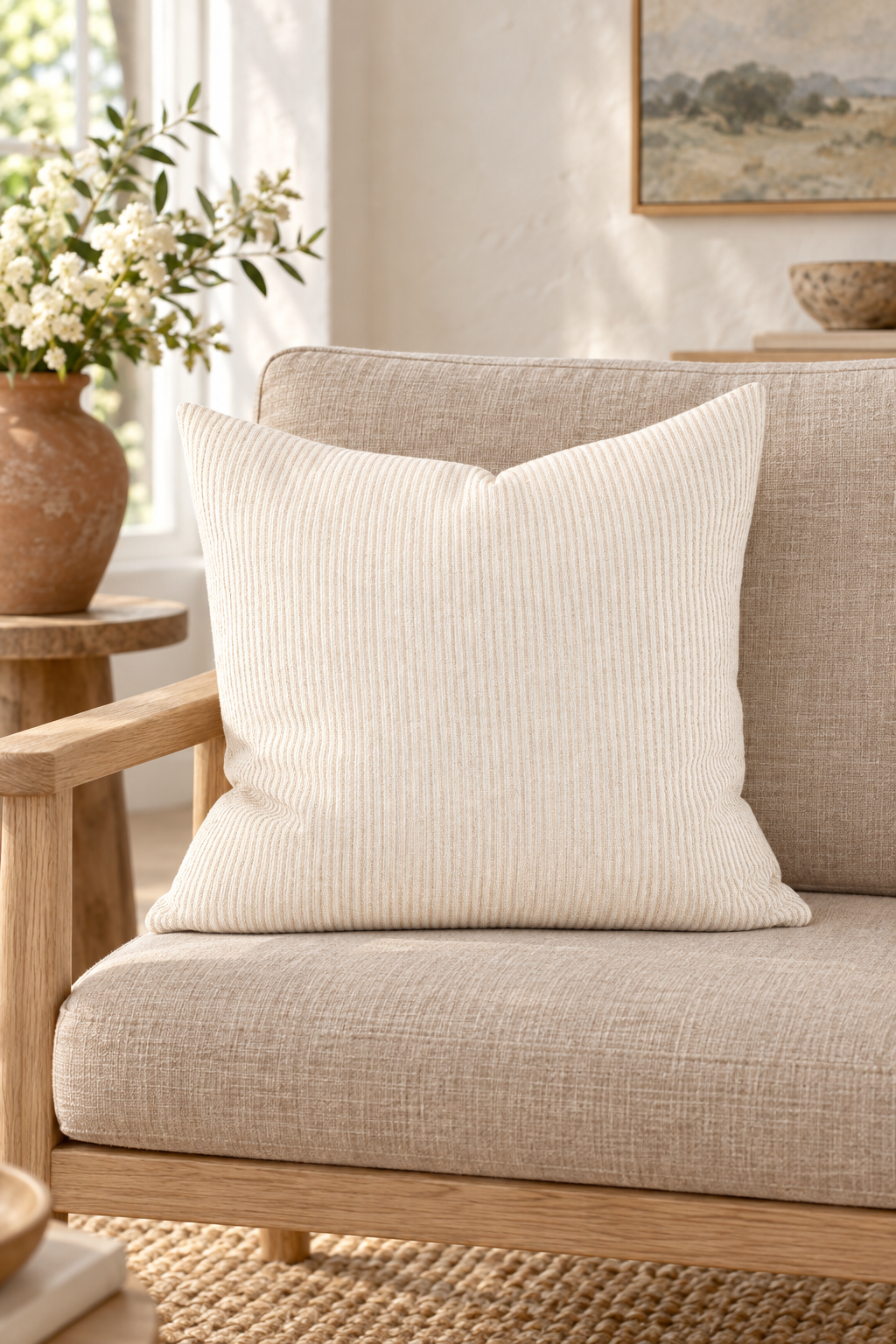 Marina Bay Cushion Natural Stripe - 50cm styled in oak chair
