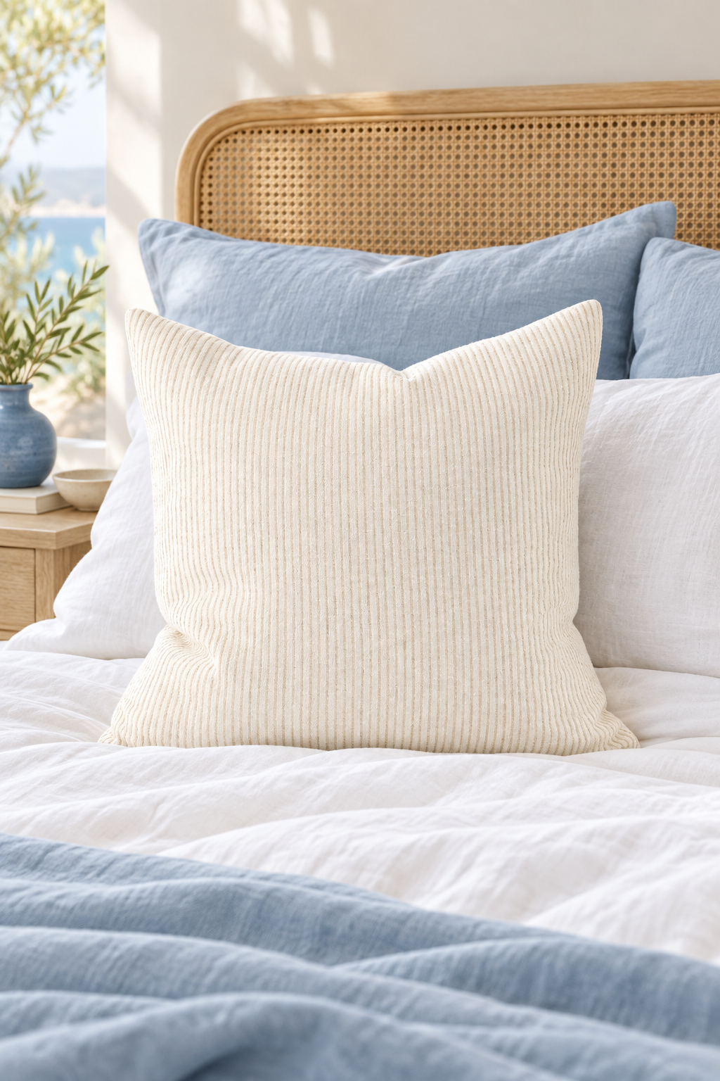 Marina Bay Cushion Natural Stripe - 50cm styled in blue bedroom