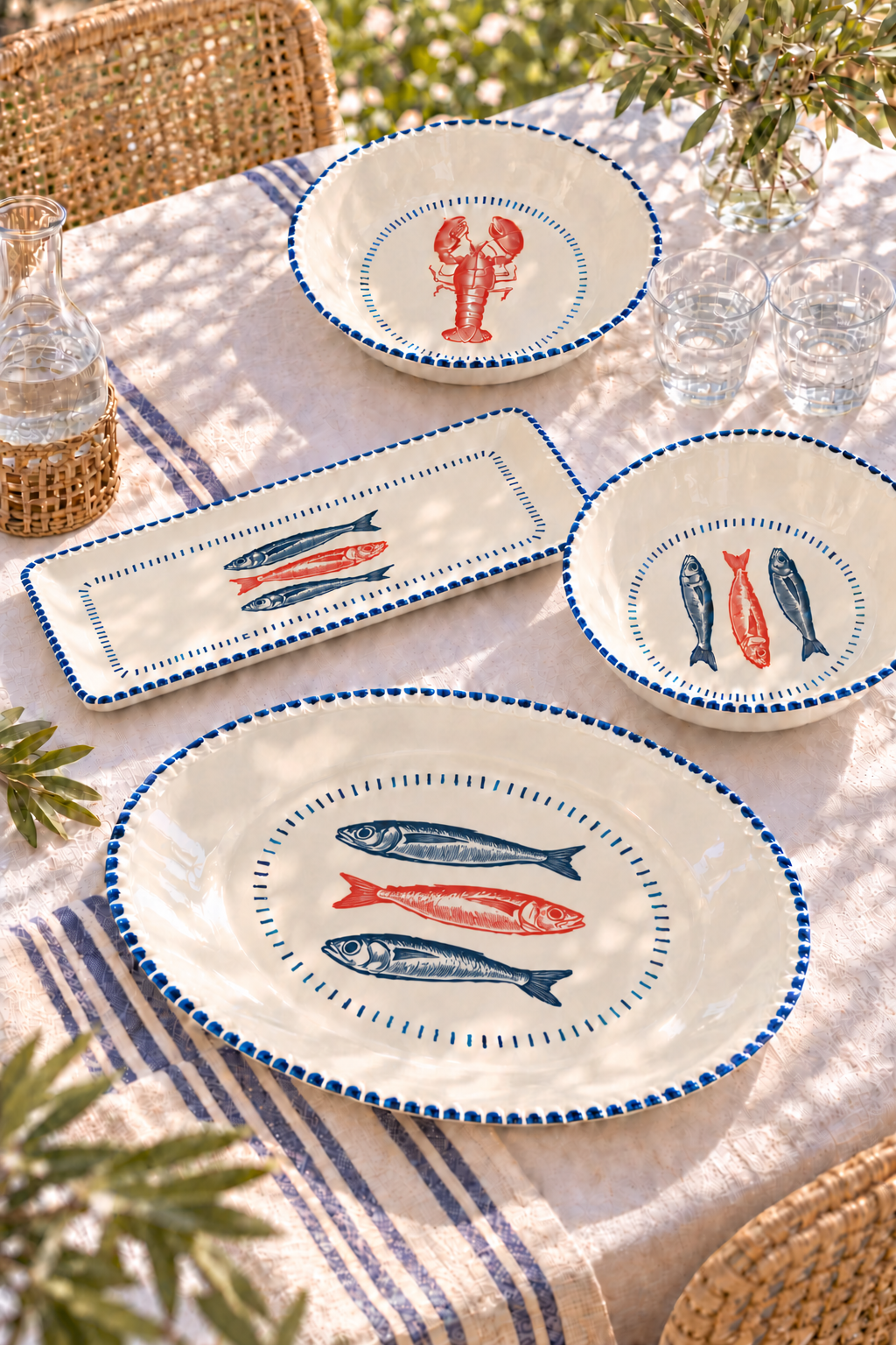 Nautical melamine serveware collection styled on a sunlit coastal table