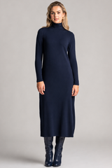 PAULA RYAN Polo Neck Sheath Dress - Navy Merino