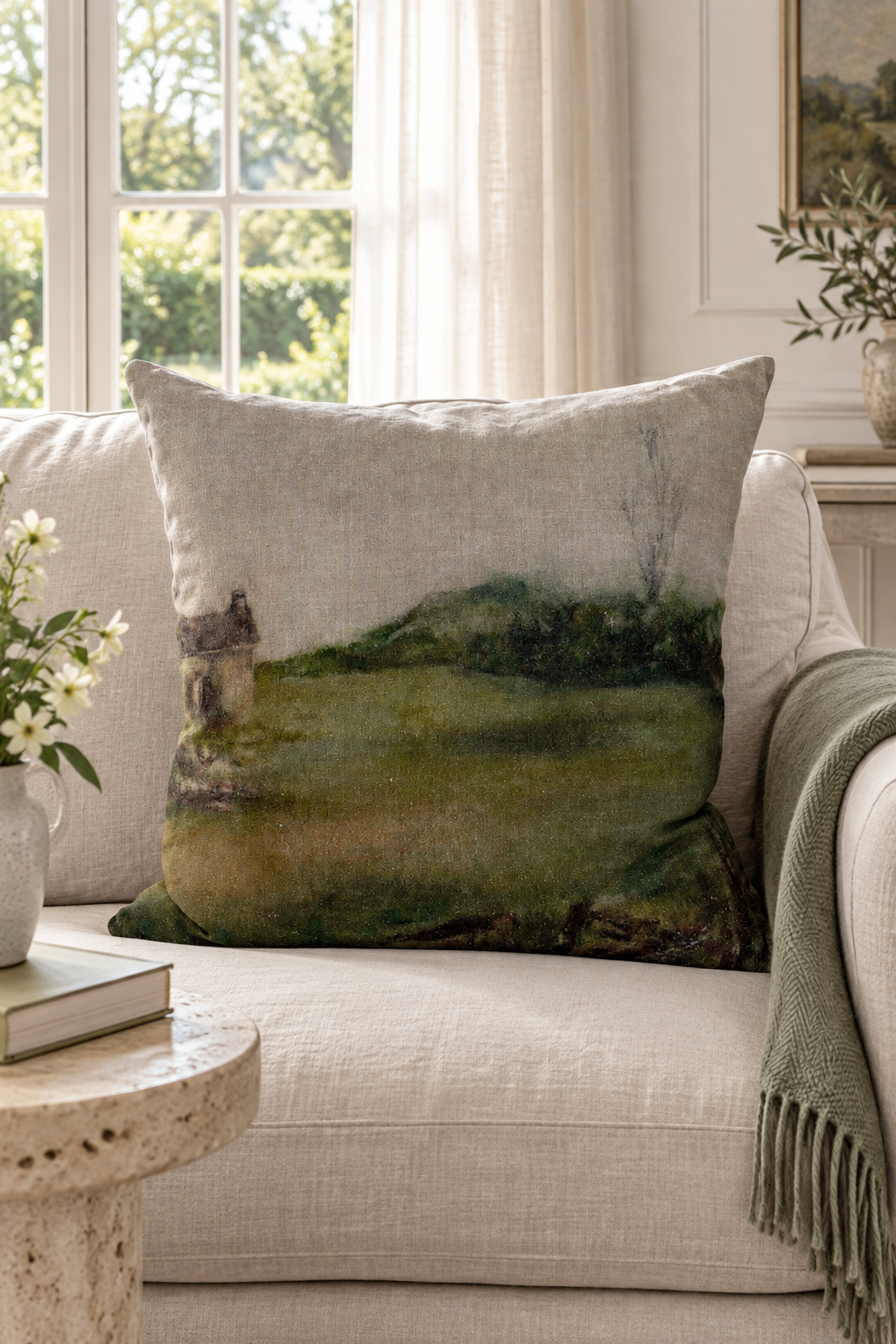 Otago Stone Cottage Linen Cushion styled in window sofa