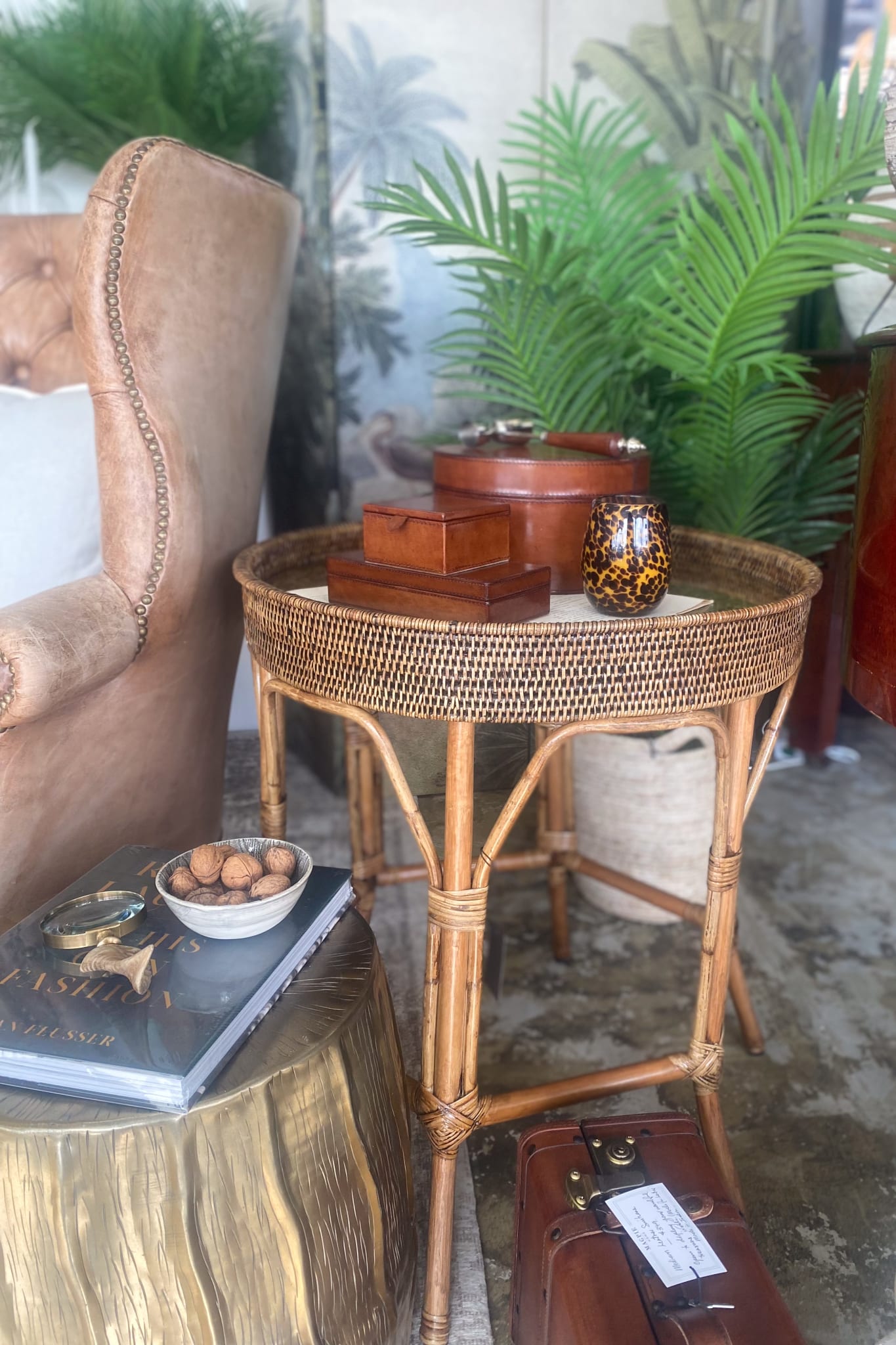 Rattan Colonial Round Side Table with Glass Insert - Magpie Style