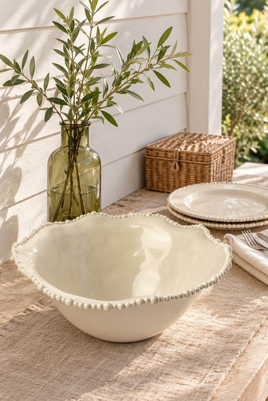 Sand Pearl jumbo bowl styled empty on a verandah with coordinating dinner plates