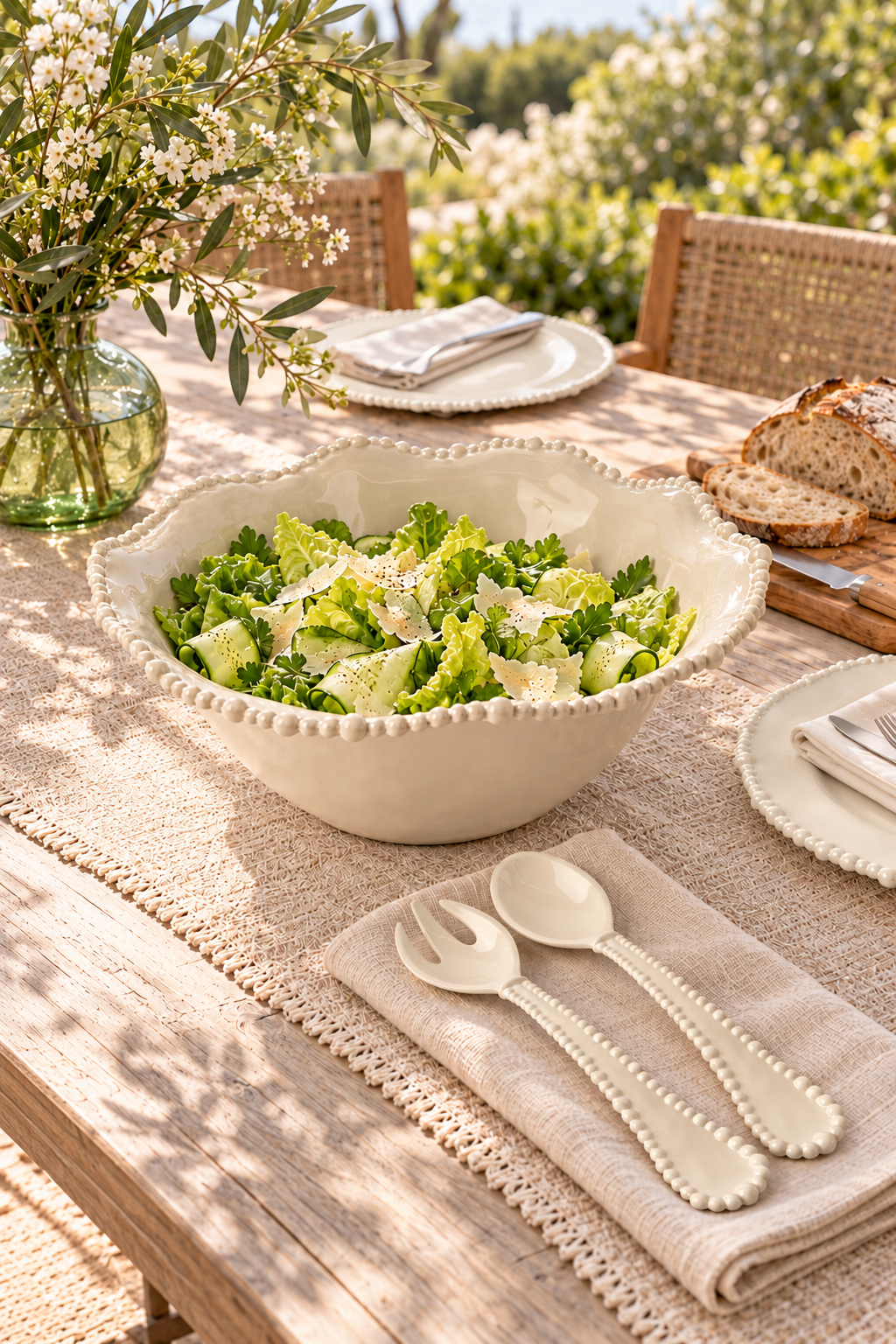 Sand Pearl jumbo salad bowl styled with salad, matching servers and dinner plates