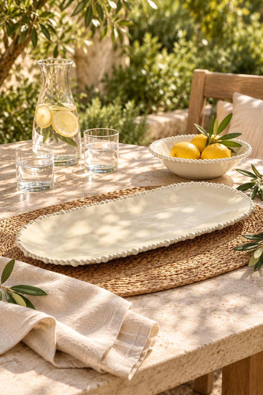 Sand Pearl long melamine platter styled empty in a relaxed Australian garden setting