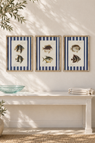 Butterfly, Moorish and Tropical Stripe Fish Studies aligned in a row above a coastal console