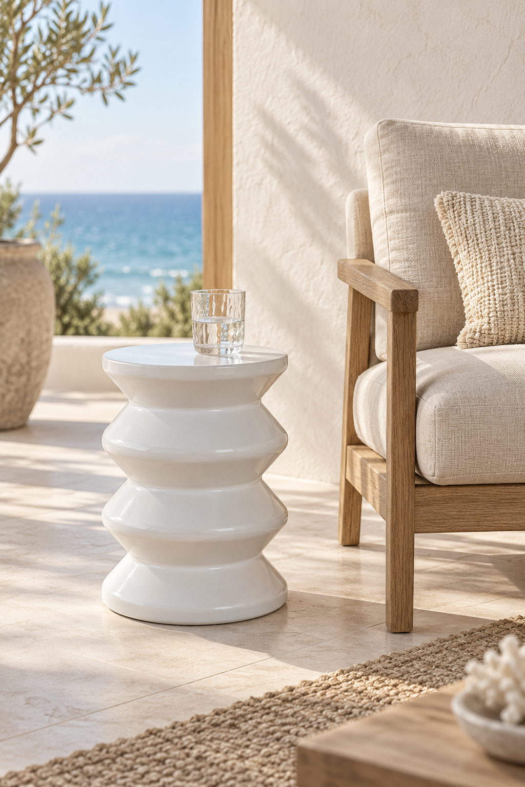 Torano glazed white stool in a coastal interior