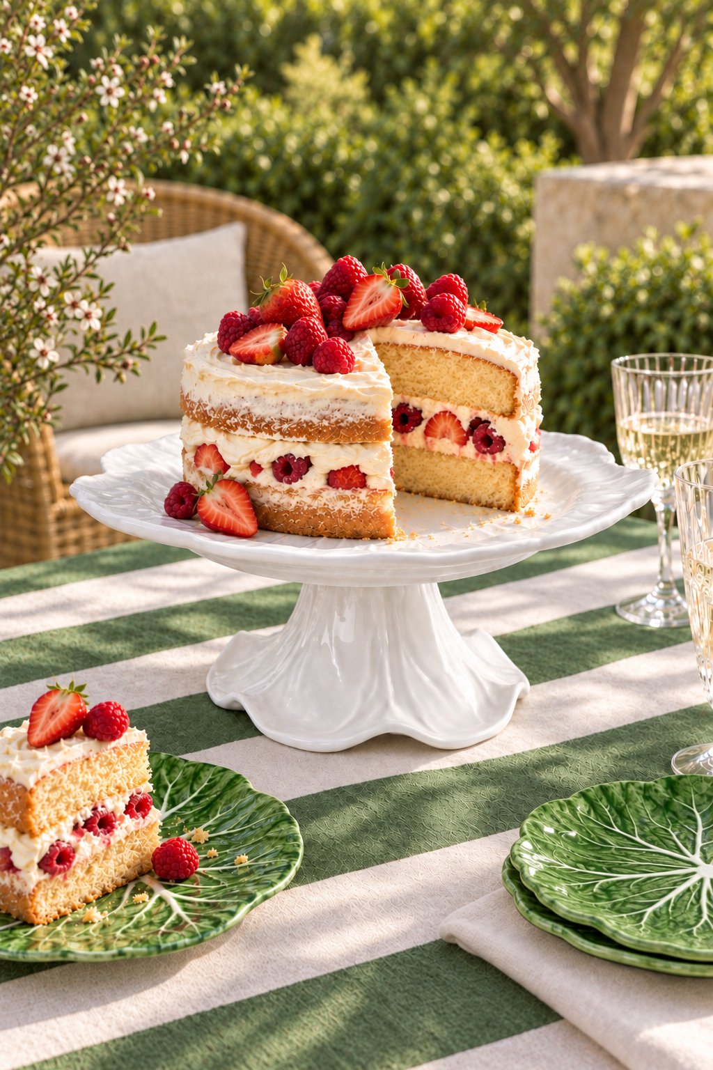 White cabbage melamine cake stand styled with a berry layer cake and green cabbage side plates in a spring garden