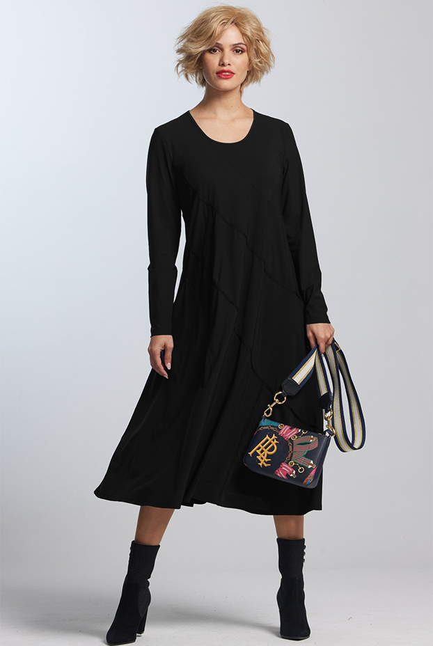 PAULA RYAN Bias panelled A Line Dress - Black Microjersy PRE ORDER - Paula Ryan