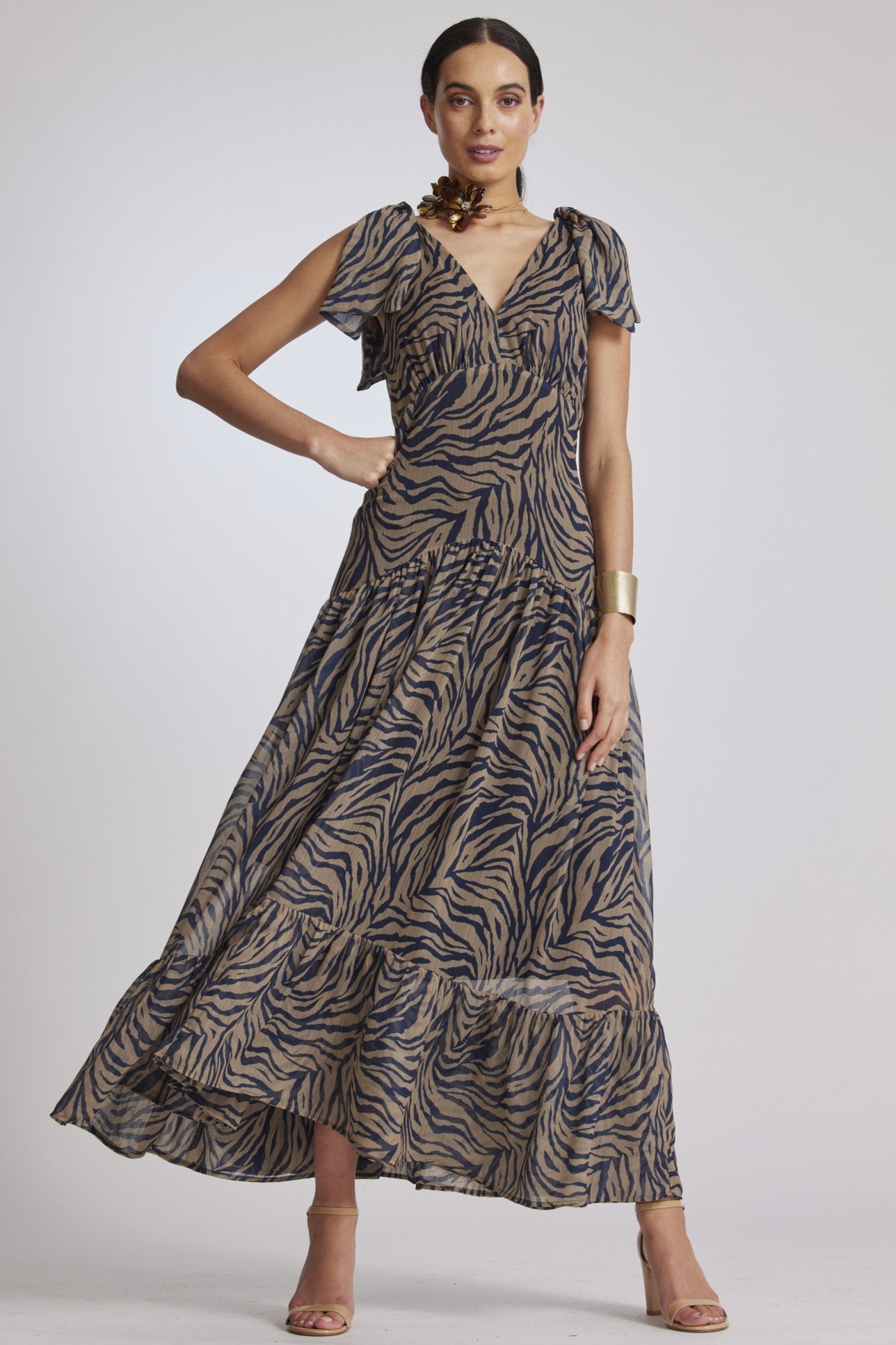 PAULA RYAN Ruffle Hem Tie Shoulder Print Dress - Sand/Navy - Paula Ryan