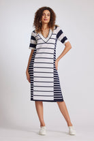 PAULA RYAN Stripe V Neck Short Sleeve Dress - Navy/White - Paula Ryan