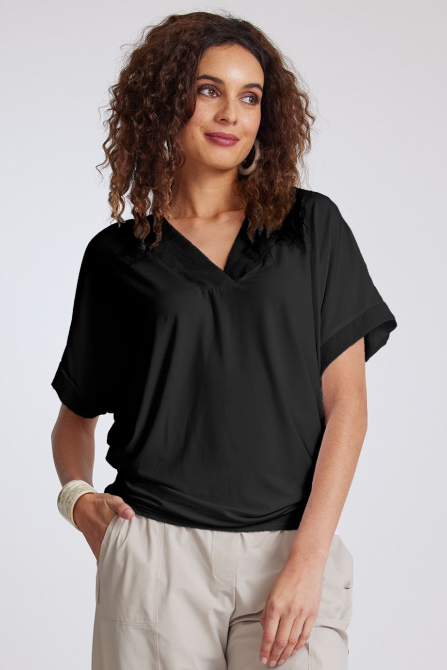 PAULA RYAN V Neck Side Tuck Top - Black - Micromodal - Paula Ryan