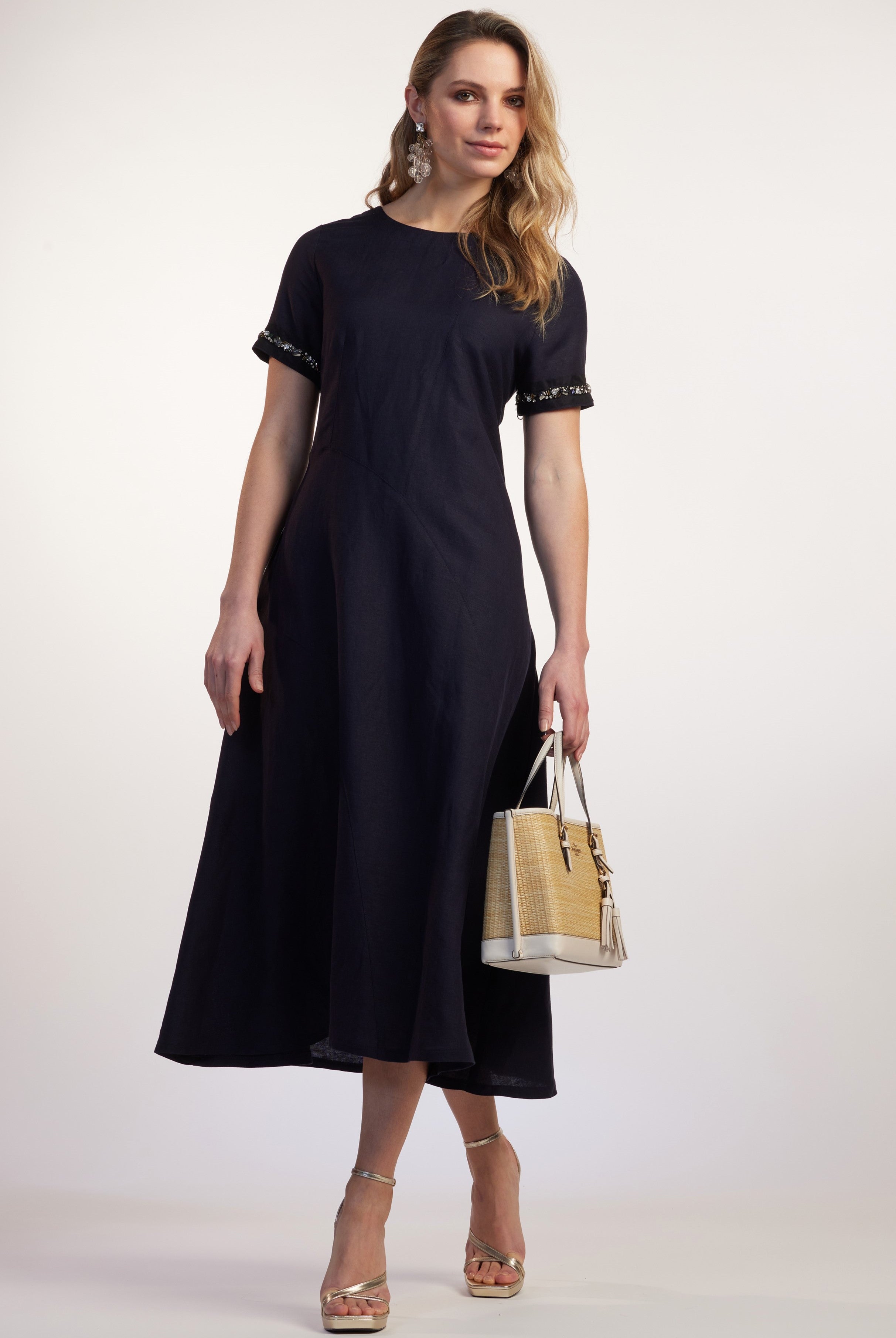 PAULA RYAN RELAXED Scoop Neck Beaded Sleeve Linen Dress - Black - Paula Ryan