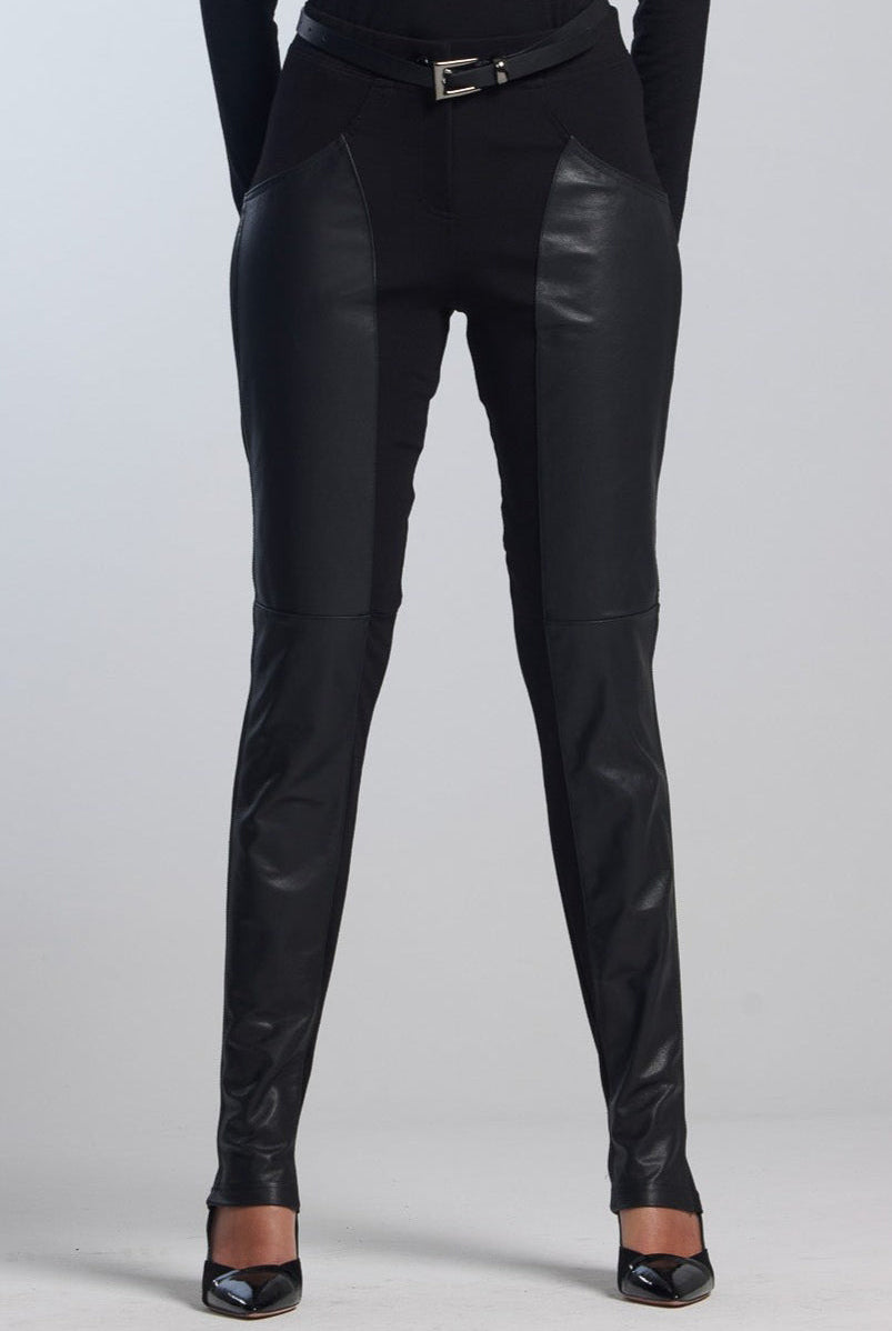 PAULA RYAN Curve Front Leather Seam Pants - Black - Roma Ponte - Paula Ryan