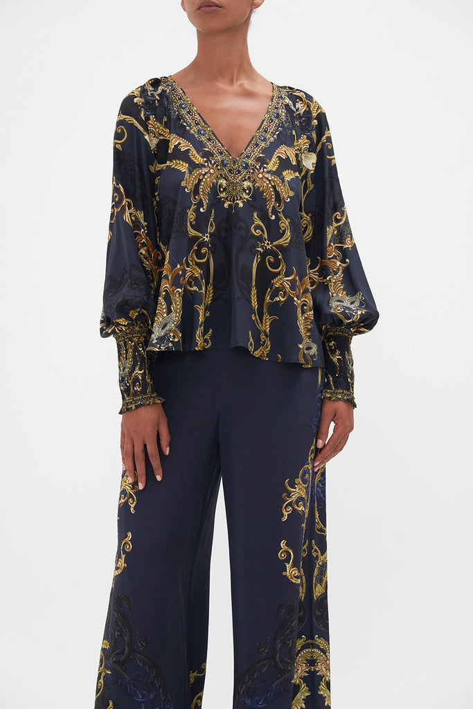 CAMILLA - Shirred Cuff Blouse - Moonlight Melodies - Magpie Style
