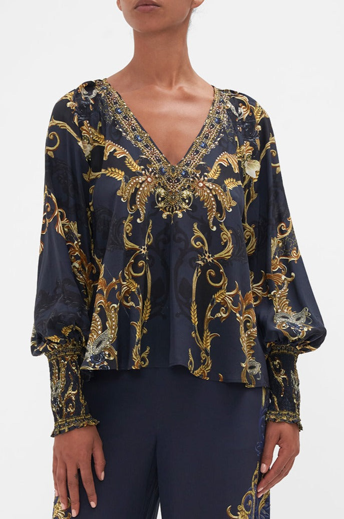 CAMILLA - Shirred Cuff Blouse - Moonlight Melodies - Magpie Style