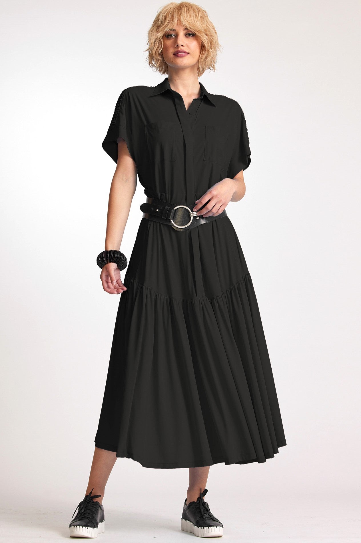 PAULA RYAN Rouched Cap Sleeve Dress - Black - Paula Ryan